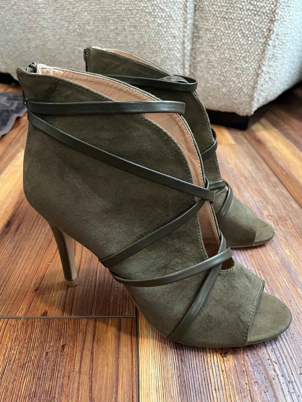 Olive Suede Strappy Peep-Toe Heels Size 9